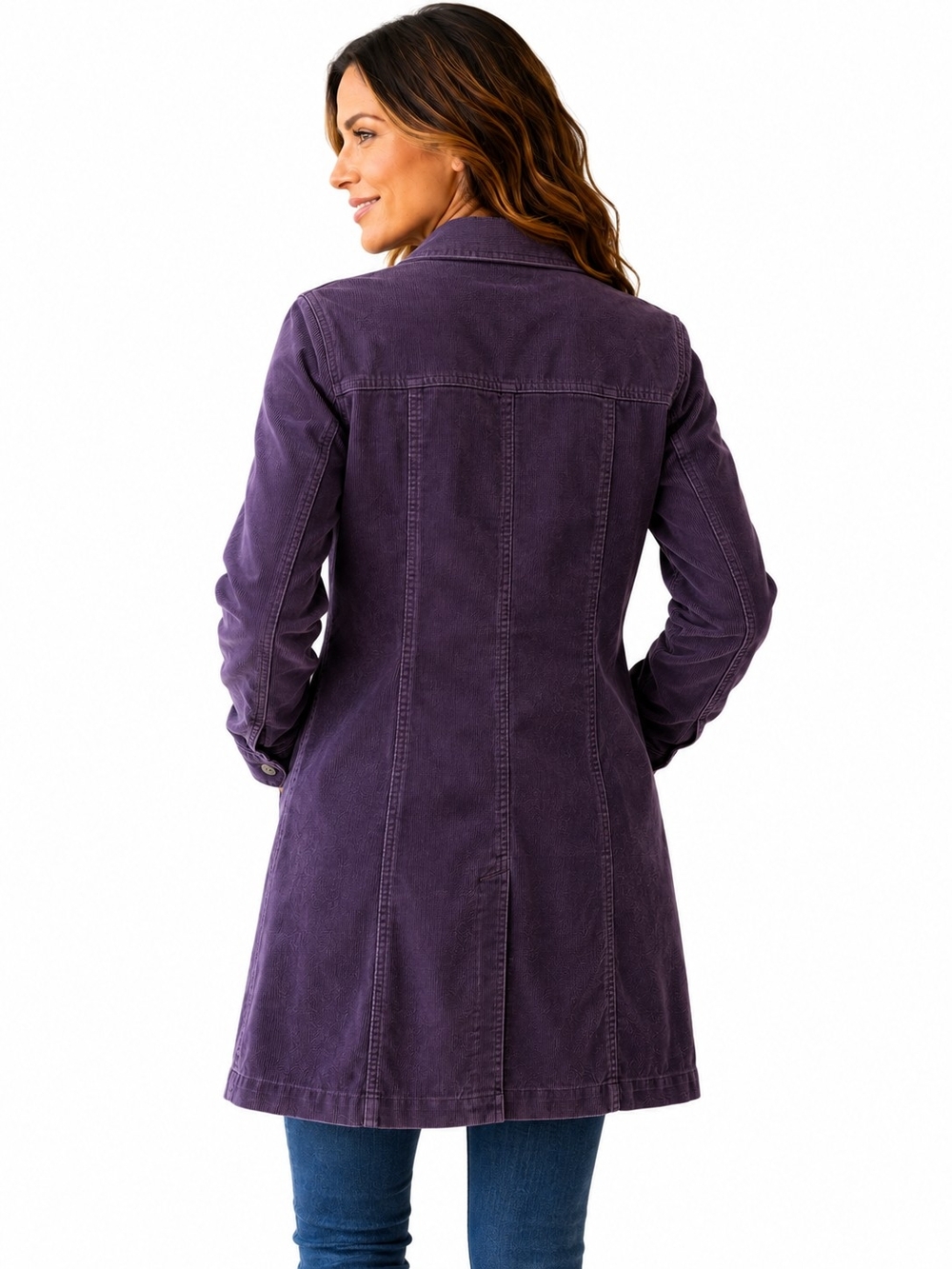 SO Blue Sigrid Olsen Purple Corduroy Longline Trucker Jacket Y2K Utility M - Picture 2 of 10
